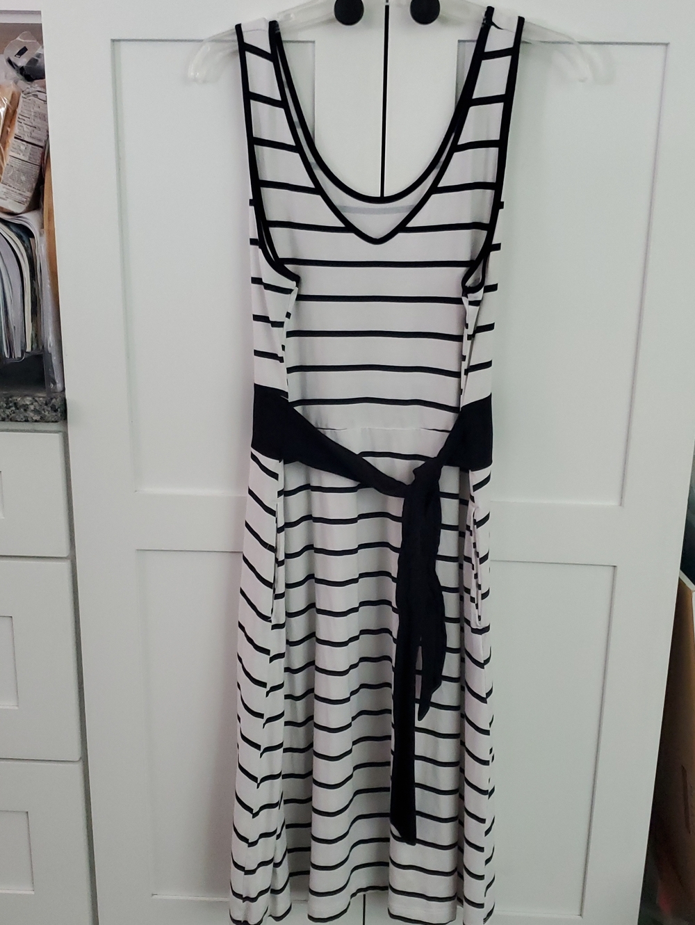 Apt. 9 Black and White Striped Midi Dress with Self-Tie Belt